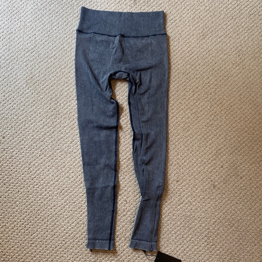 Lazuli Label Acid Wash V-Seam Ribbed Leggings Petrol Blue XS